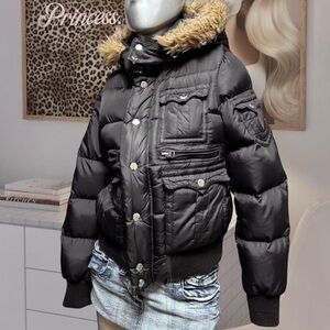 True Religion Vintage Y2K Faux-Fur Trim Black Jacket